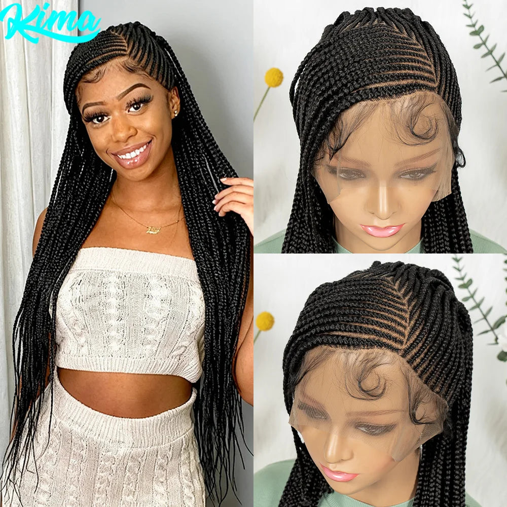 Side Part Cornrow Braided Wigs Synthetic Full Lace Braiding Hair Wigs Knotless Box Braids Wig with Pre-plucked for Black Women