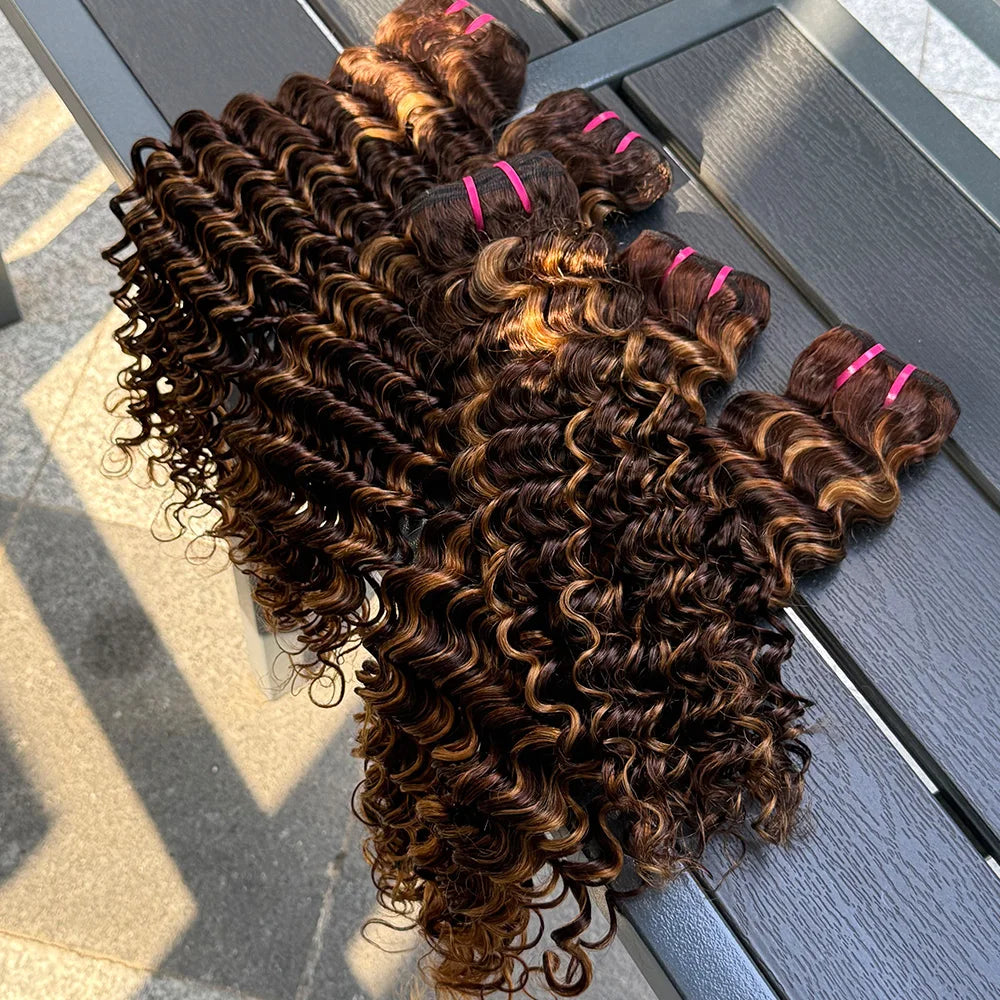 Deep Wave Human Hair Bundles 1-4 Bundles Available 100% Real Human Hair Weft Extensions Double Weft Ocean P4/27 Color for Women.