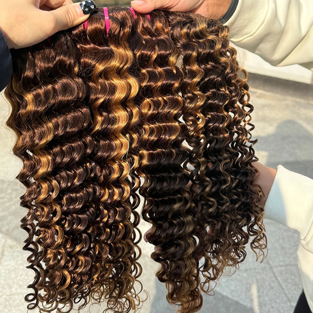 Deep Wave Human Hair Bundles 1-4 Bundles Available 100% Real Human Hair Weft Extensions Double Weft Ocean P4/27 Color for Women.