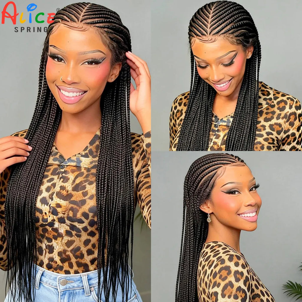 36in Cornrow Braided Wigs Synthetic Full Lace Box Braids Wigs Knotless Lace Frontal Braided Wigs with Baby Hair for Black Women