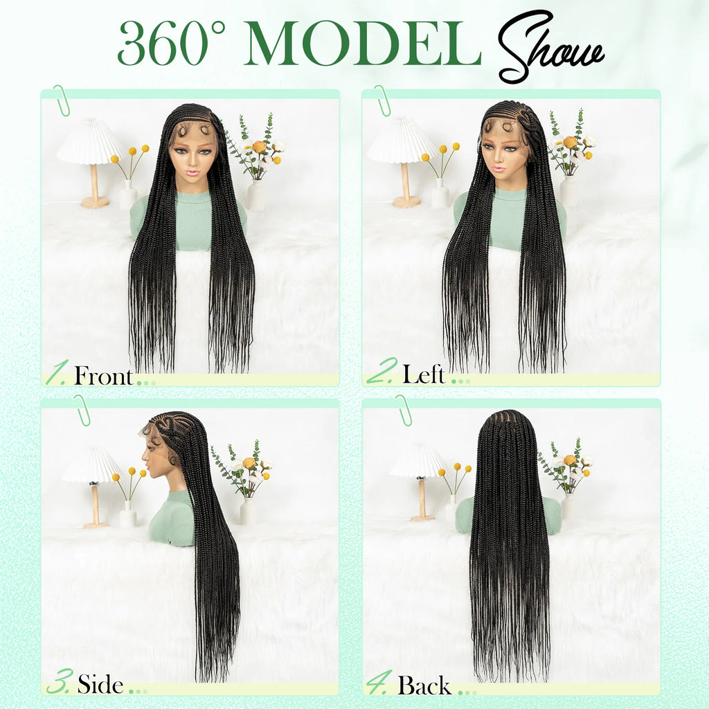 Heart-shaped Braids 36inch Handmade Cornrow Braided Wigs Synthetic Full Lace Natural Box Braided Lace Wigs with Baby Hair