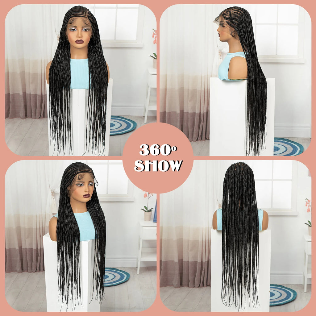 Full Lace Cornrow Braided Wigs 36in Synthetic Braiding Hair Wigs Box Braided Lace Wigs with Baby Hair for Black Women