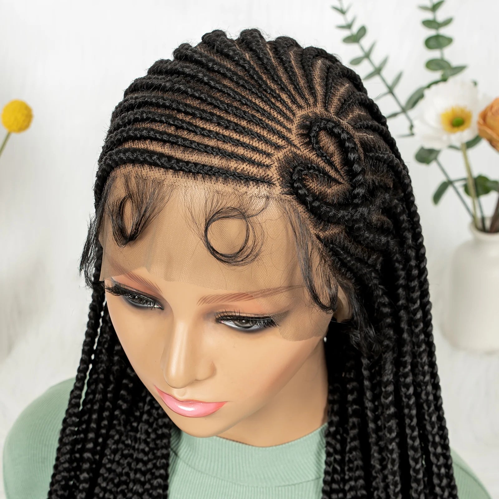 Heart-shaped Braids 36inch Handmade Cornrow Braided Wigs Synthetic Full Lace Natural Box Braided Lace Wigs with Baby Hair