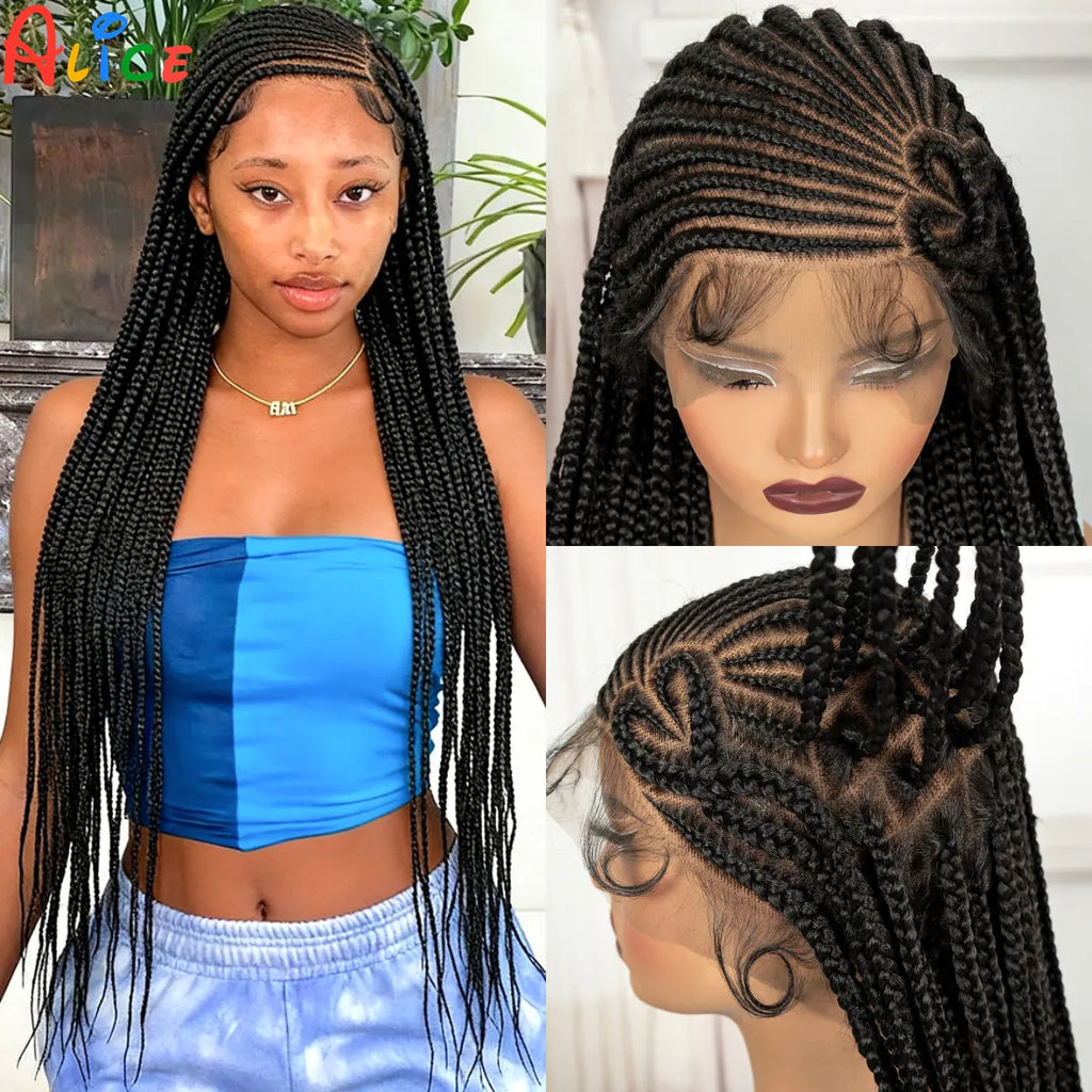 Full Lace Cornrow Braided Wigs 36in Synthetic Braiding Hair Wigs Box Braided Lace Wigs with Baby Hair for Black Women