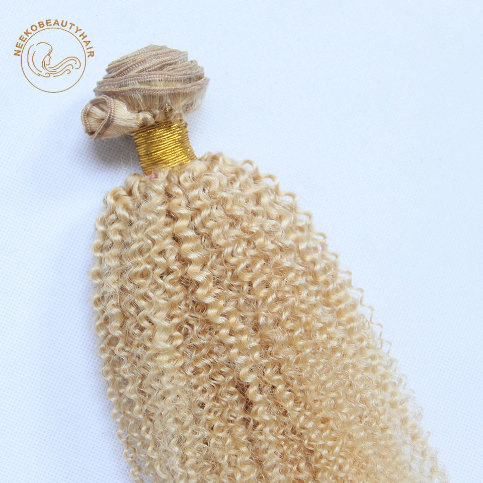 Blonde Human Hair Extension Bundles with Lace Frontal Curly Brazilian Color #613 Hair Wefts 4C Afro Kinky Curly Hair