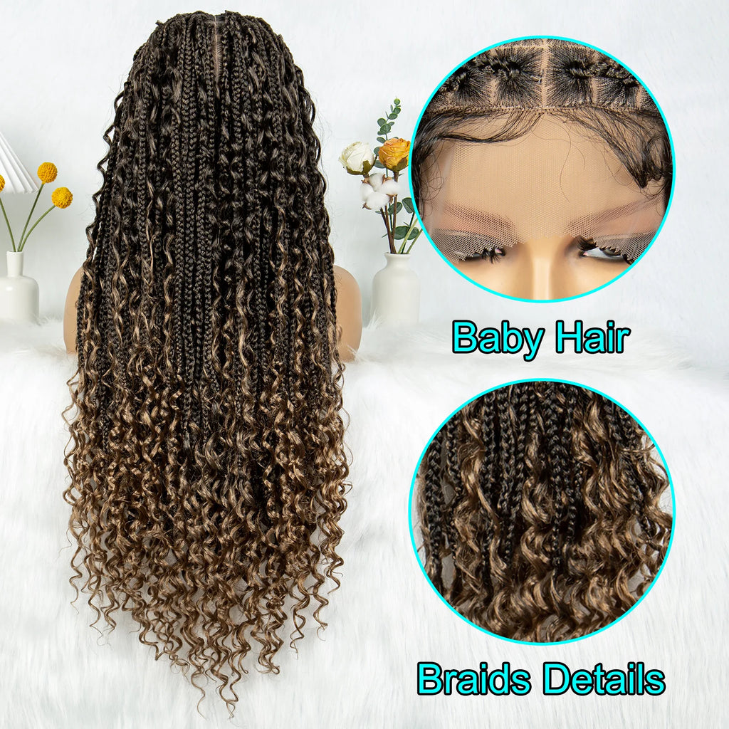 Boho Braided Wigs Full Lace Wigs with Baby Hair Box Braided Wigs with Curly Hair Long  Length Cornrow Braiding Wig for Women