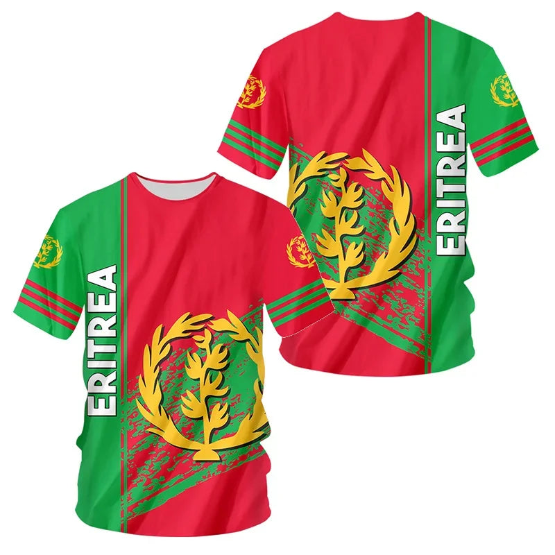 Men's round-neck short-sleeved T-shirt, loose and casual, fashionable, sporty, quick-drying, 3D-printed Eritrean flag