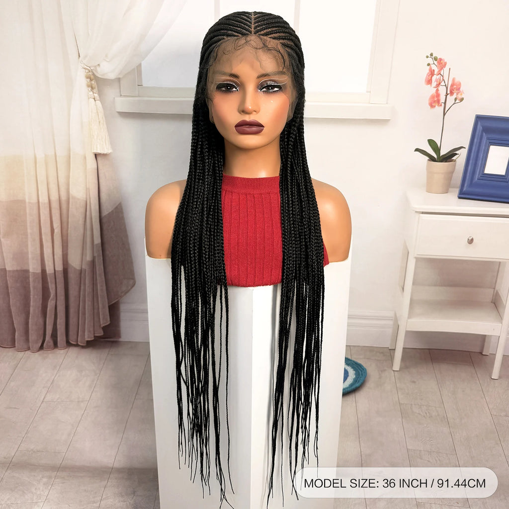 36in Cornrow Braided Wigs Synthetic Full Lace Box Braids Wigs Knotless Lace Frontal Braided Wigs with Baby Hair for Black Women