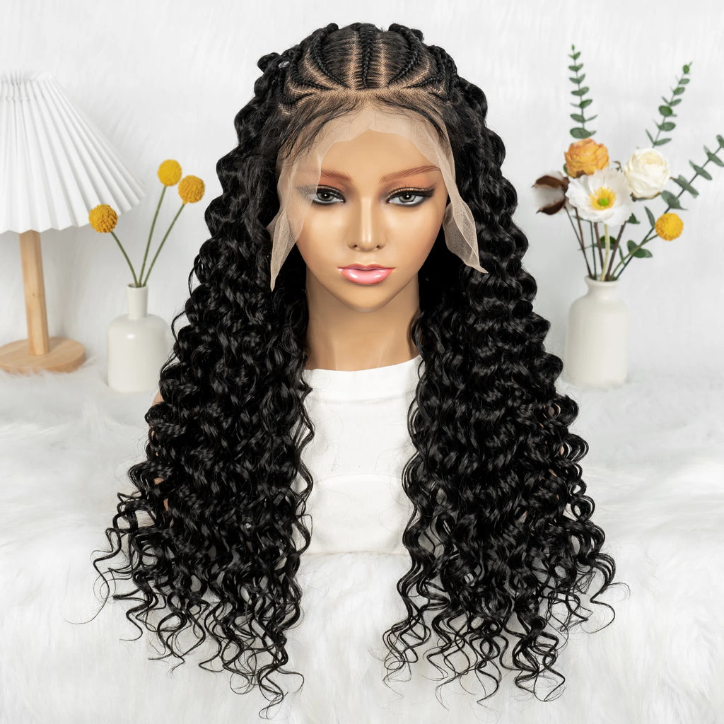 KIMA Cornrow Box Braided Wig With Curly Hair Water Wave Texture Cornorw Braided Wig Synthetic 13x6 Lace Wigs for Black Women