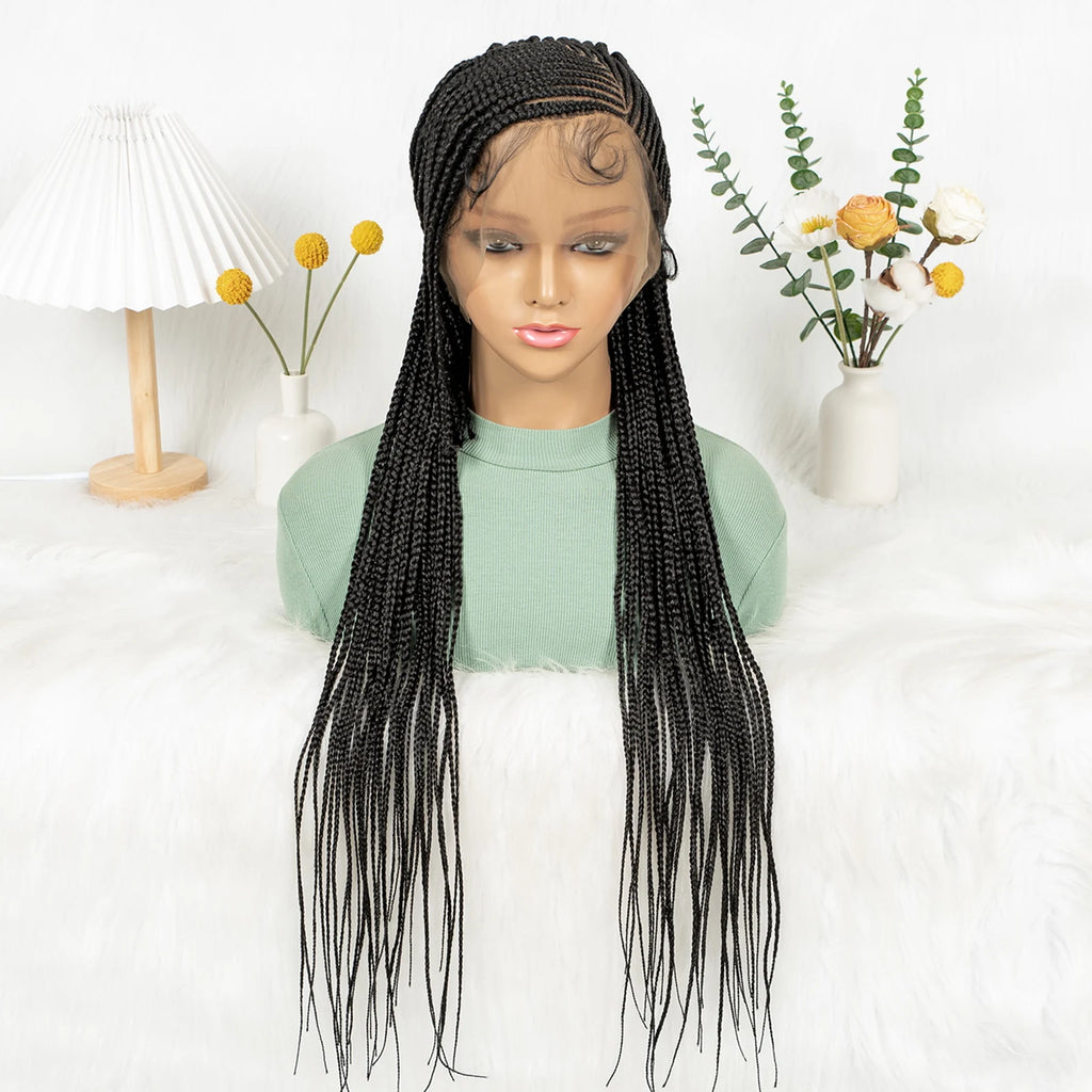 Side Part Cornrow Braided Wigs Synthetic Full Lace Braiding Hair Wigs Knotless Box Braids Wig with Pre-plucked for Black Women