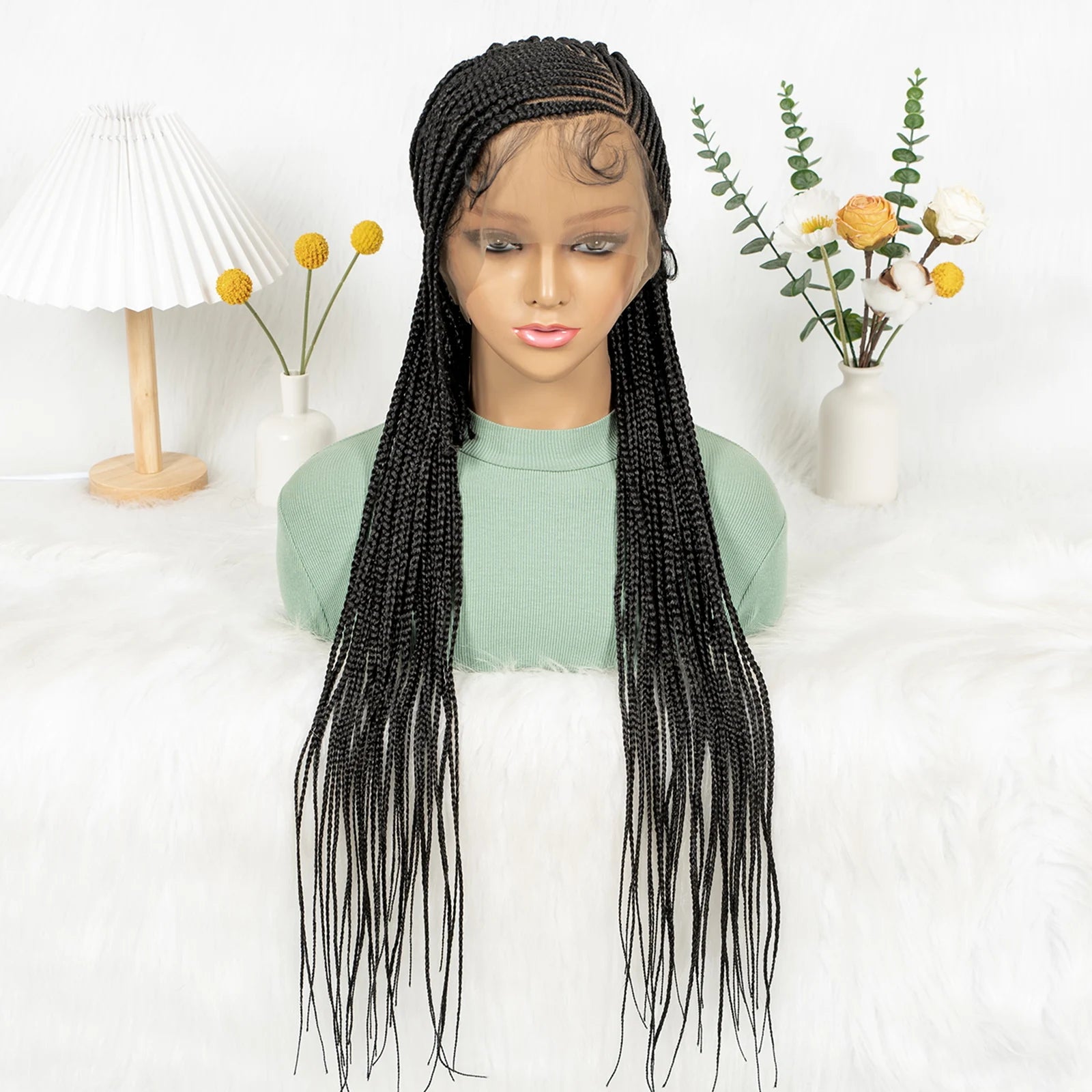 Side Part Cornrow Braided Wigs Synthetic Full Lace Braiding Hair Wigs Knotless Box Braids Wig with Pre-plucked for Black Women