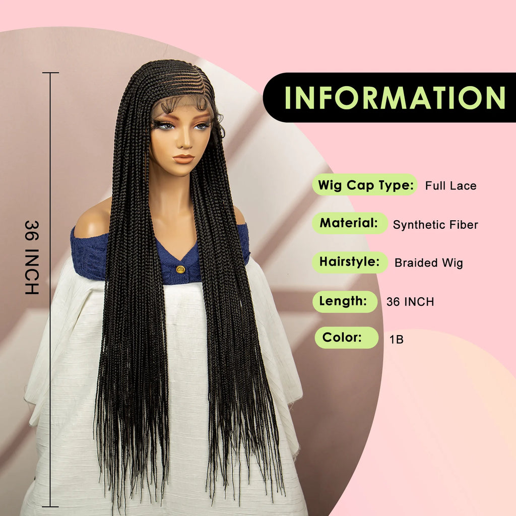 36'' Synthetic Cornrow Braided Wigs for Women Long Braidng Wig Full Lace Synthetic Wig Box Braids Wig with Baby Hair Knotless