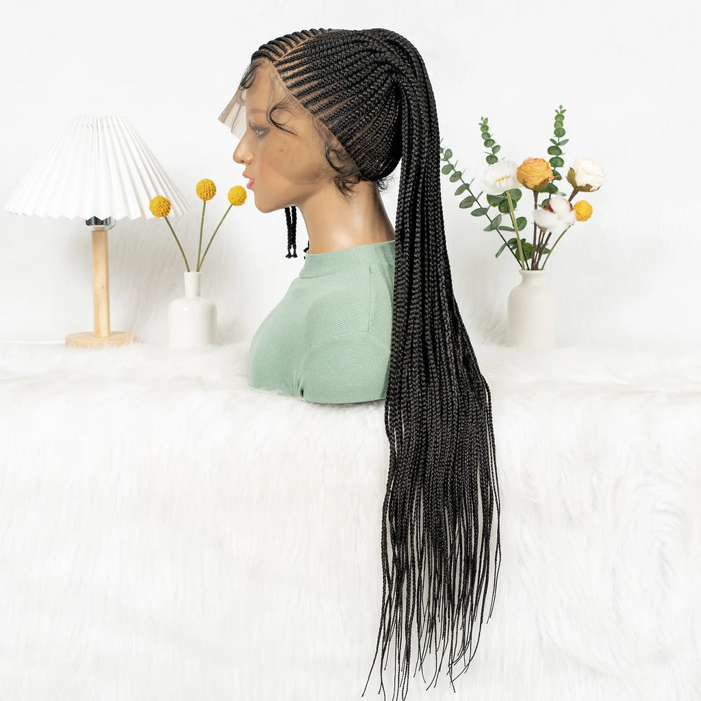Side Part Cornrow Braided Wigs Synthetic Full Lace Braiding Hair Wigs Knotless Box Braids Wig with Pre-plucked for Black Women