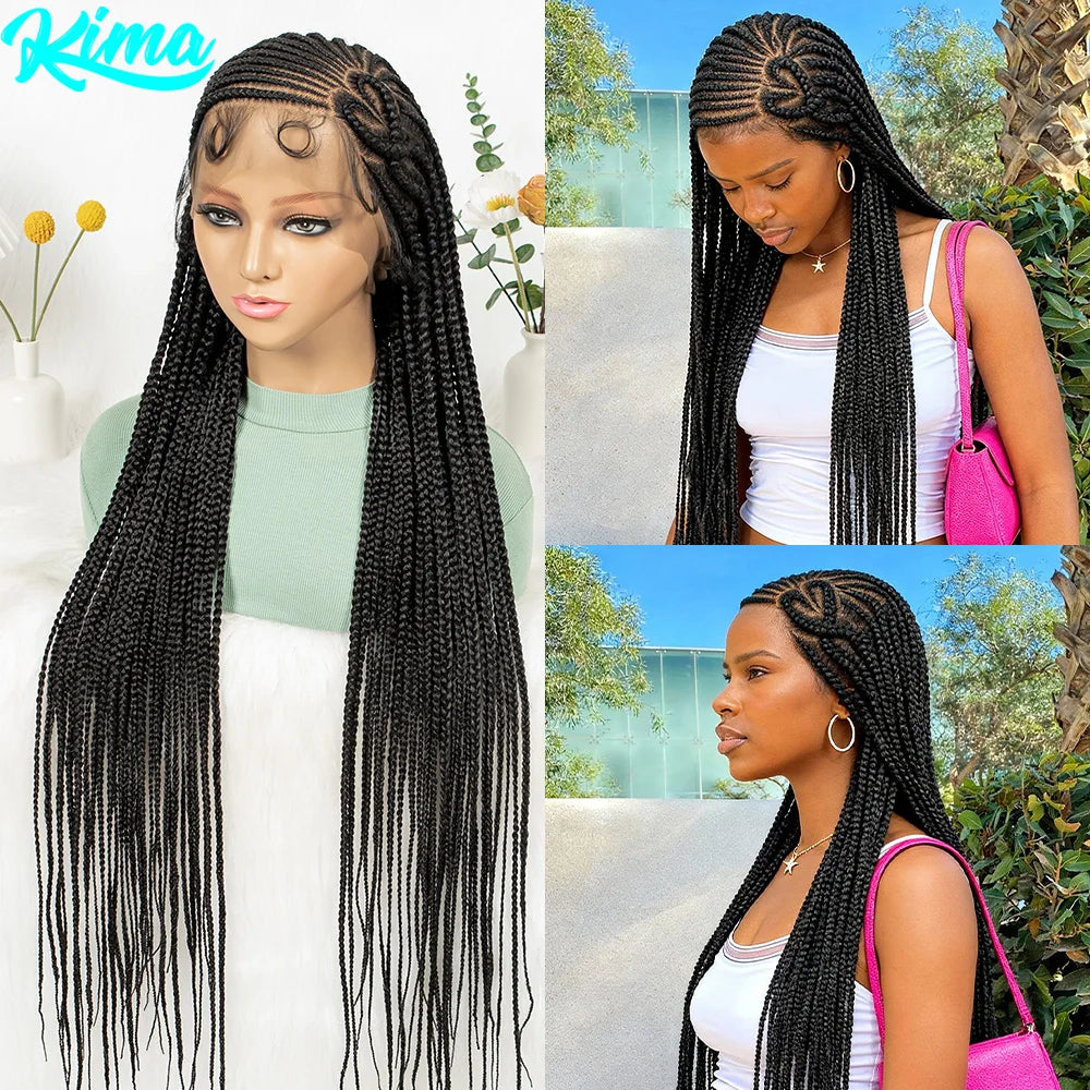 Heart-shaped Braids 36inch Handmade Cornrow Braided Wigs Synthetic Full Lace Natural Box Braided Lace Wigs with Baby Hair