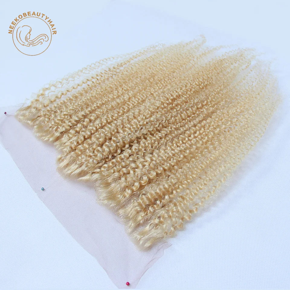 Blonde Human Hair Extension Bundles with Lace Frontal Curly Brazilian Color #613 Hair Wefts 4C Afro Kinky Curly Hair
