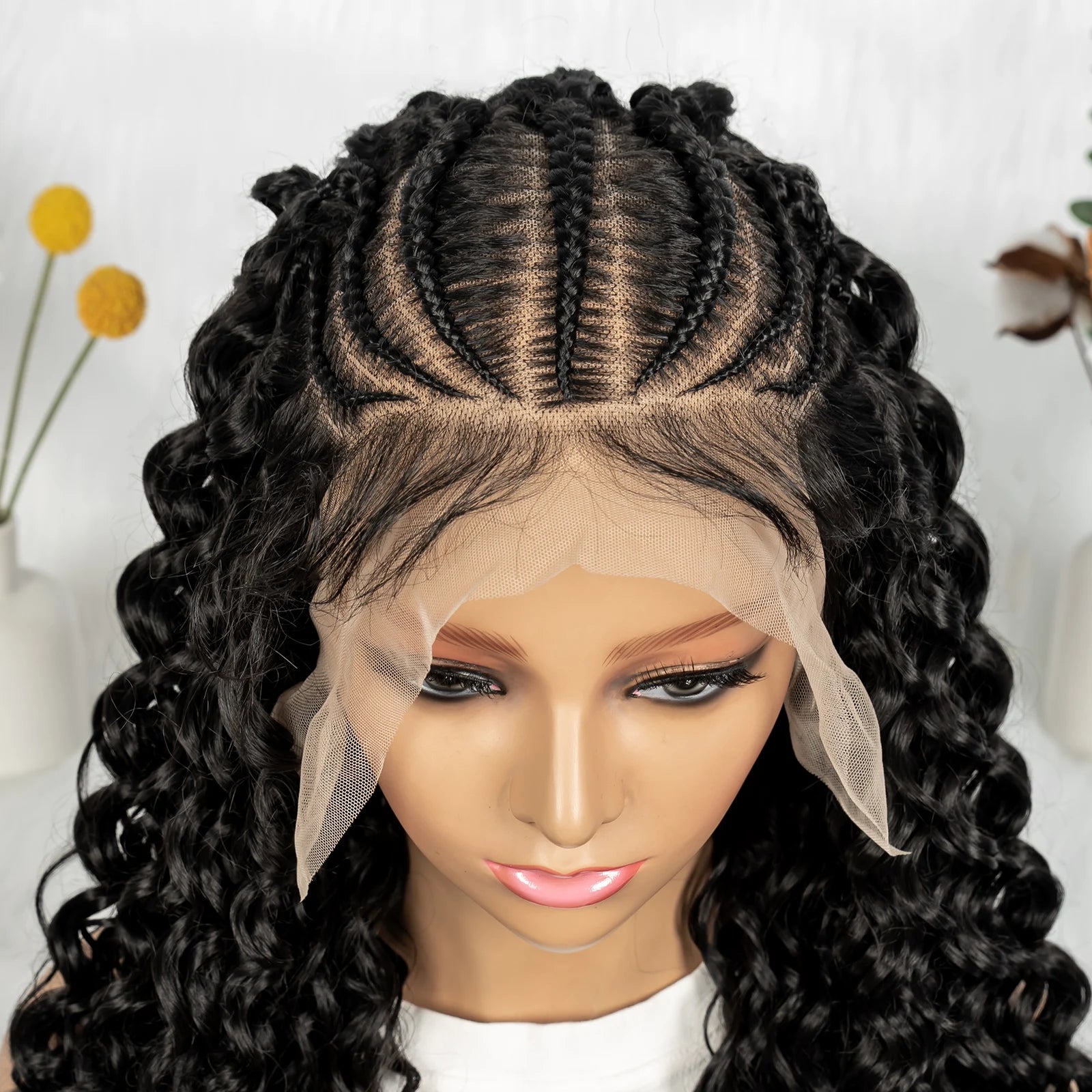 KIMA Cornrow Box Braided Wig With Curly Hair Water Wave Texture Cornorw Braided Wig Synthetic 13x6 Lace Wigs for Black Women