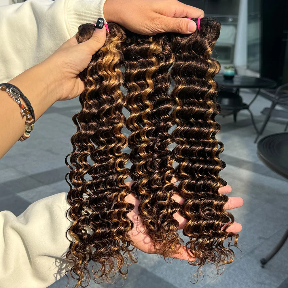 Deep Wave Human Hair Bundles 1-4 Bundles Available 100% Real Human Hair Weft Extensions Double Weft Ocean P4/27 Color for Women.