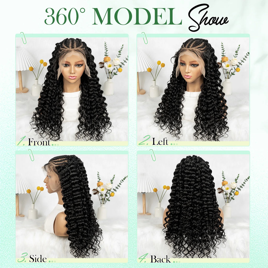 KIMA Cornrow Box Braided Wig With Curly Hair Water Wave Texture Cornorw Braided Wig Synthetic 13x6 Lace Wigs for Black Women
