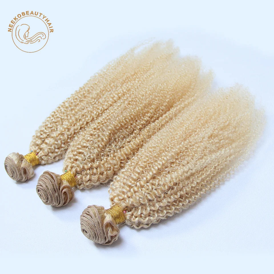 Blonde Human Hair Extension Bundles with Lace Frontal Curly Brazilian Color #613 Hair Wefts 4C Afro Kinky Curly Hair