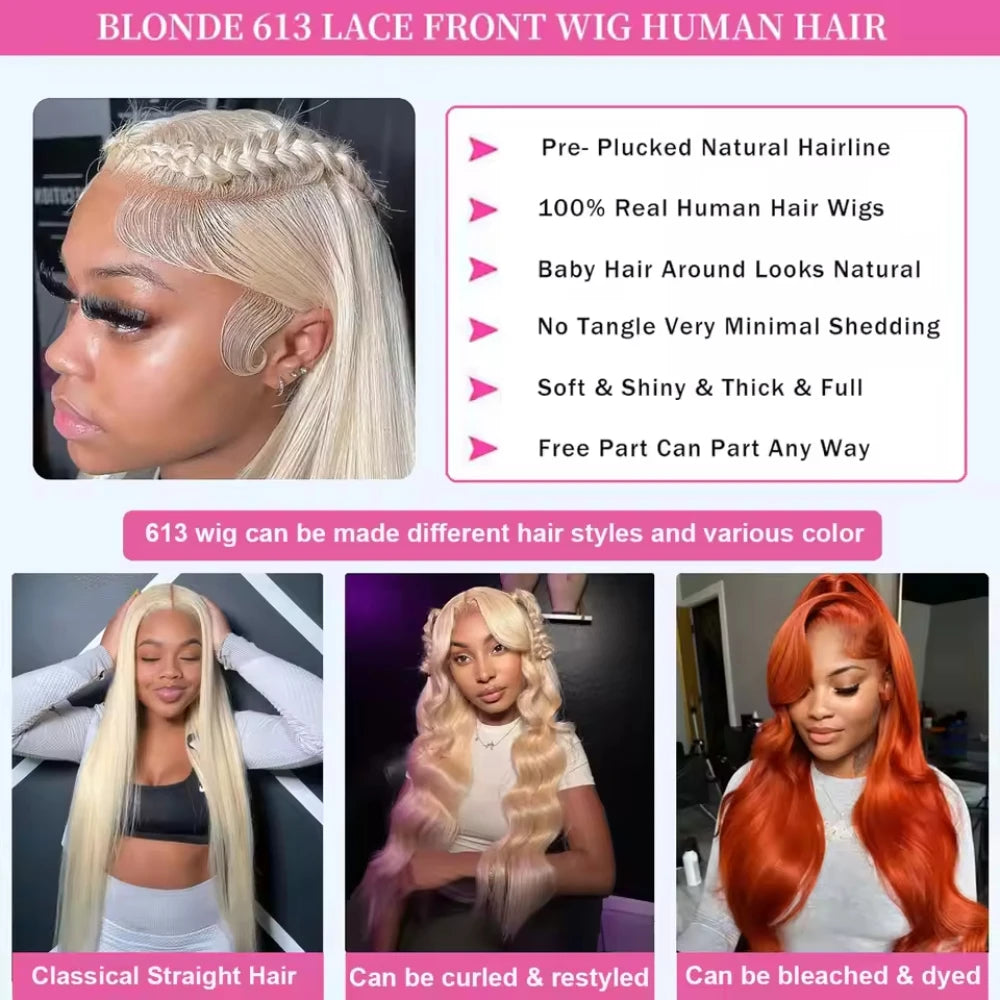 613 Honey Blonde Straight Human Hair Wigs 13x4 13x6 HD Transparent Lace Frontal Wigs Pre Plucked Brazilan Remy Hair 200% Density