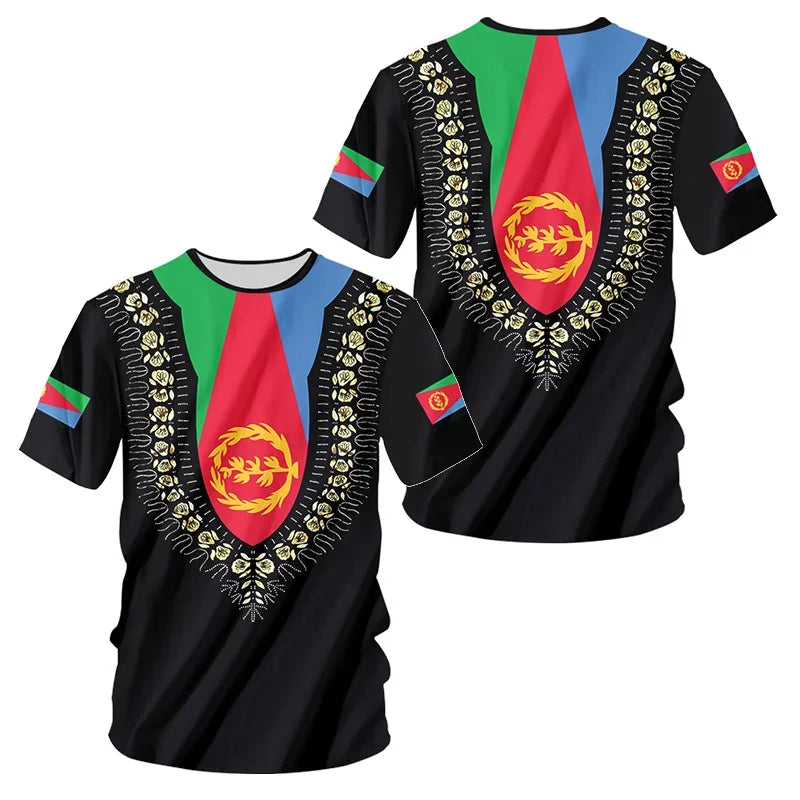 Men's round-neck short-sleeved T-shirt, loose and casual, fashionable, sporty, quick-drying, 3D-printed Eritrean flag