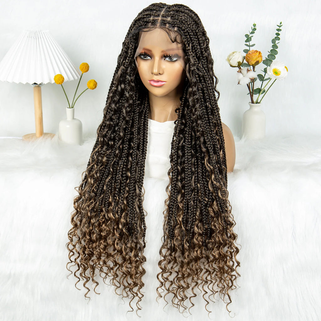Boho Braided Wigs Full Lace Wigs with Baby Hair Box Braided Wigs with Curly Hair Long  Length Cornrow Braiding Wig for Women