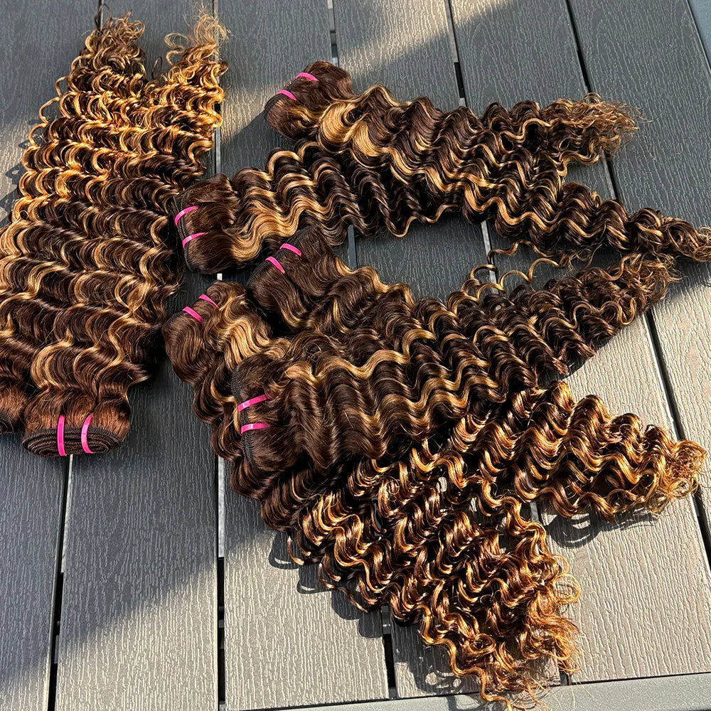 Deep Wave Human Hair Bundles 1-4 Bundles Available 100% Real Human Hair Weft Extensions Double Weft Ocean P4/27 Color for Women.