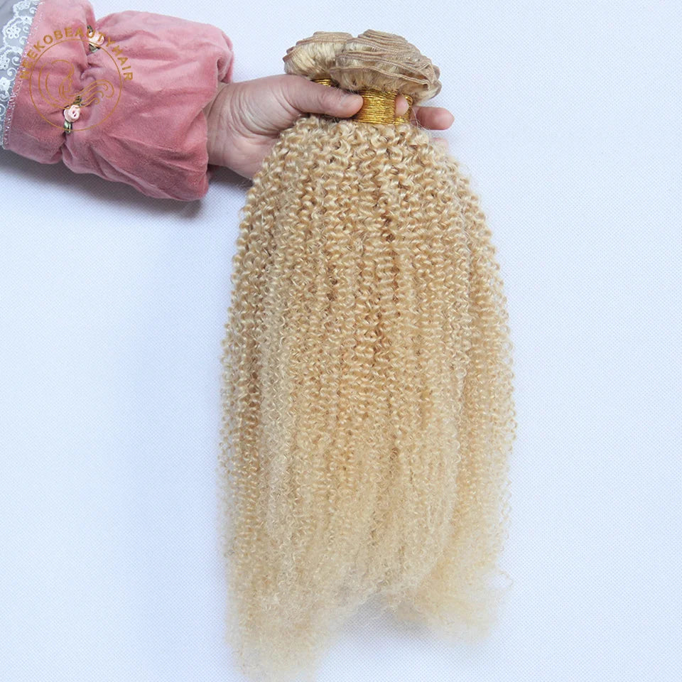 Blonde Human Hair Extension Bundles with Lace Frontal Curly Brazilian Color #613 Hair Wefts 4C Afro Kinky Curly Hair