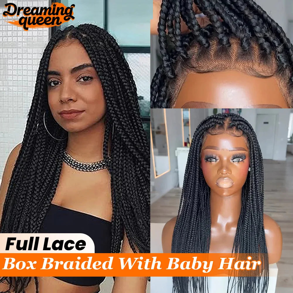 Full Lace Box Braided With Baby Hair Dreaming Queen 180% Density Micro Twist Bohemian Synthetic Wig With Invisi Drawstring