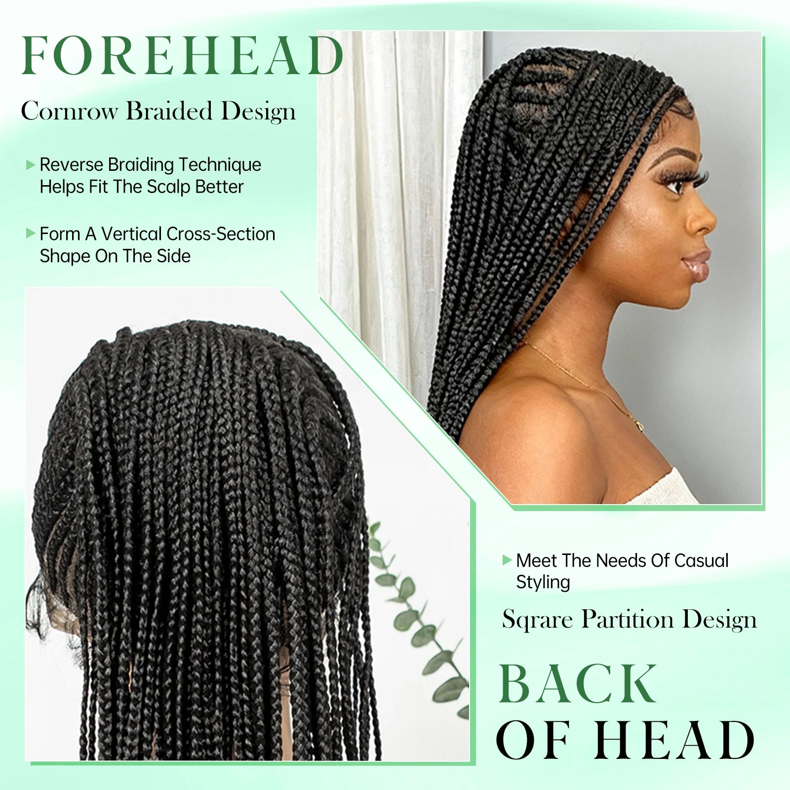 Side Part Cornrow Braided Wigs Synthetic Full Lace Braiding Hair Wigs Knotless Box Braids Wig with Pre-plucked for Black Women