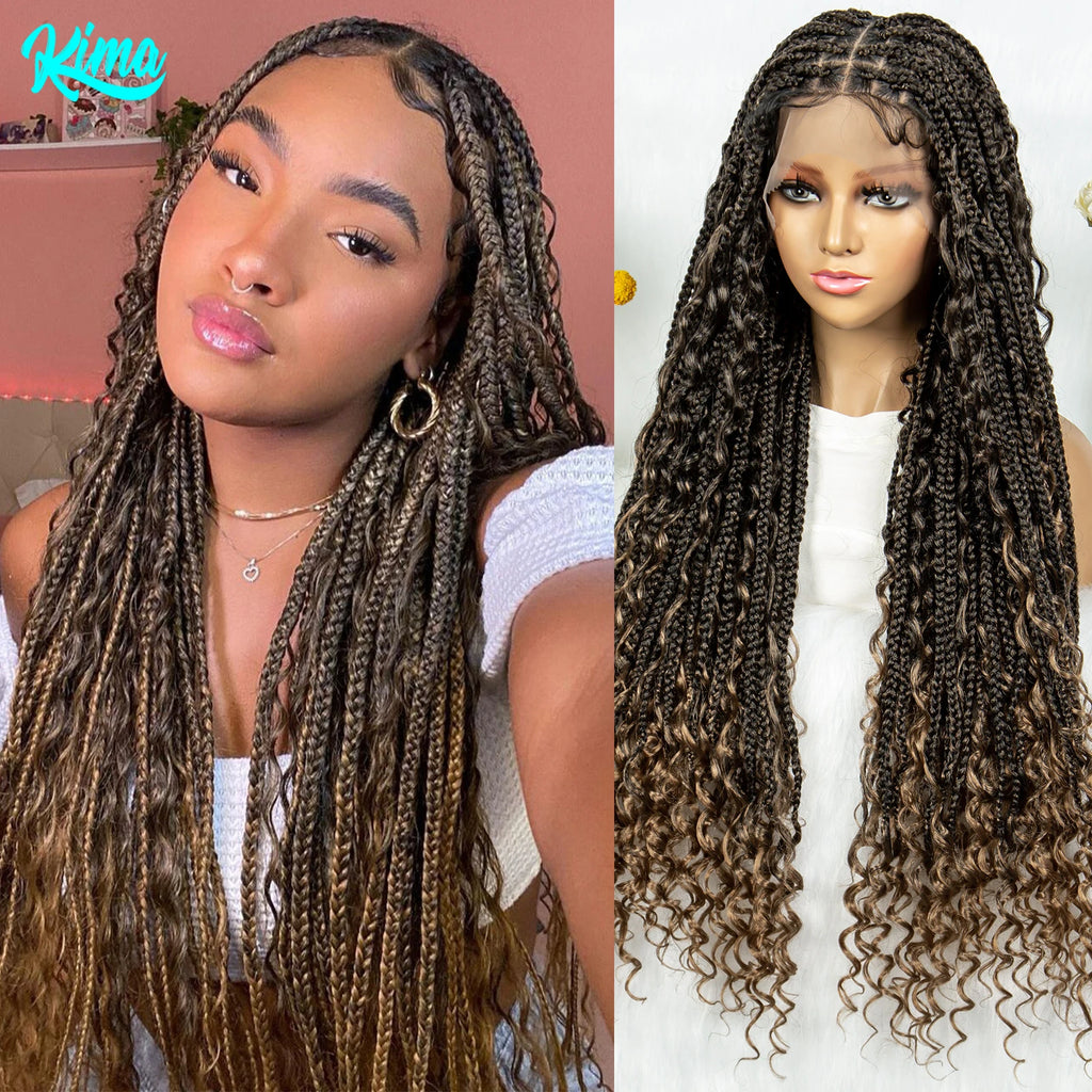 Boho Braided Wigs Full Lace Wigs with Baby Hair Box Braided Wigs with Curly Hair Long  Length Cornrow Braiding Wig for Women