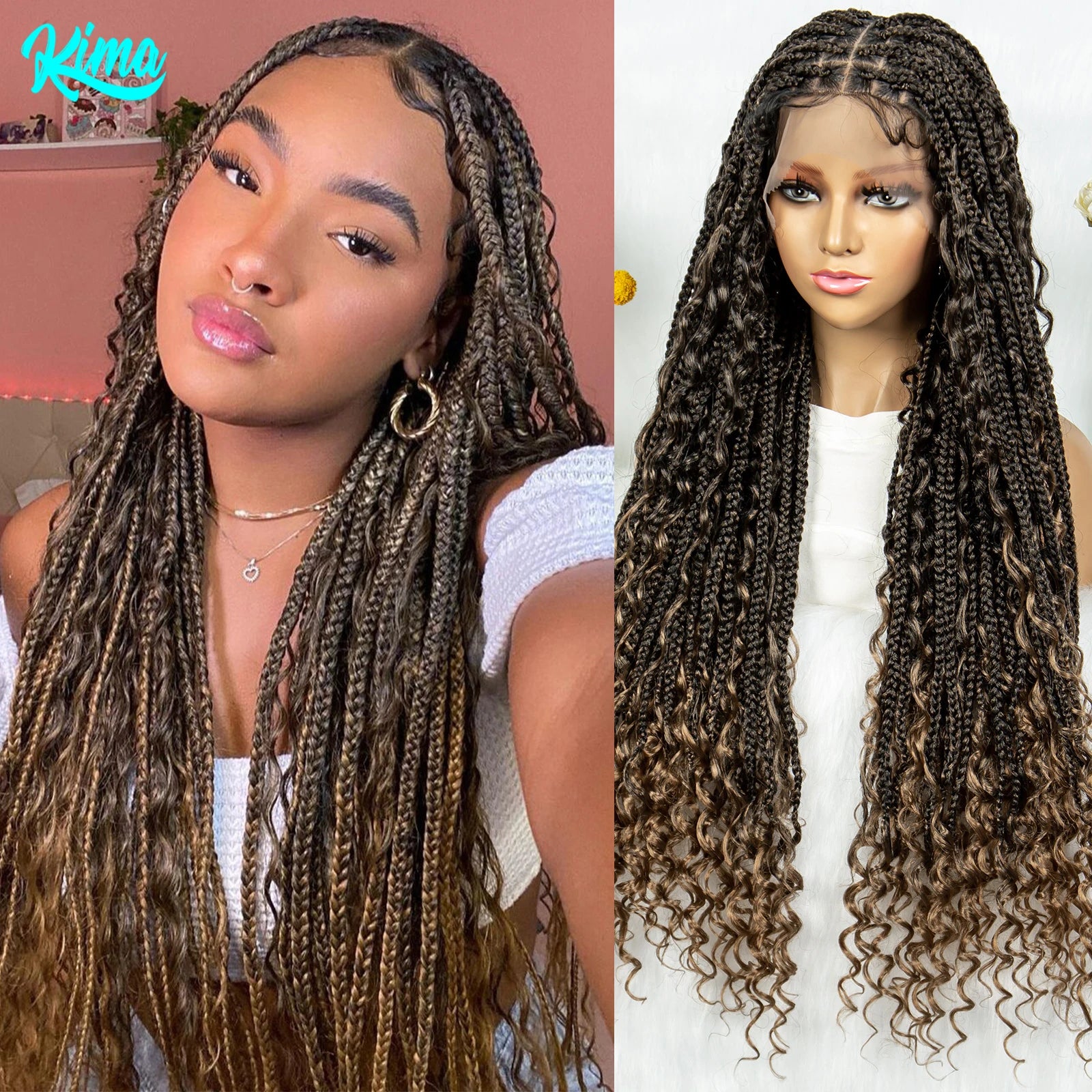 Boho Braided Wigs Full Lace Wigs with Baby Hair Box Braided Wigs with Curly Hair Long  Length Cornrow Braiding Wig for Women