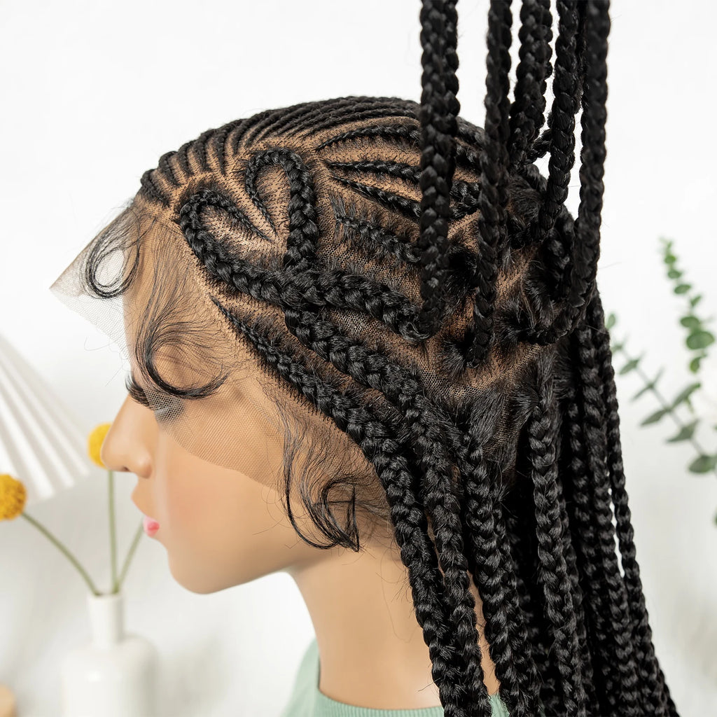 Heart-shaped Braids 36inch Handmade Cornrow Braided Wigs Synthetic Full Lace Natural Box Braided Lace Wigs with Baby Hair
