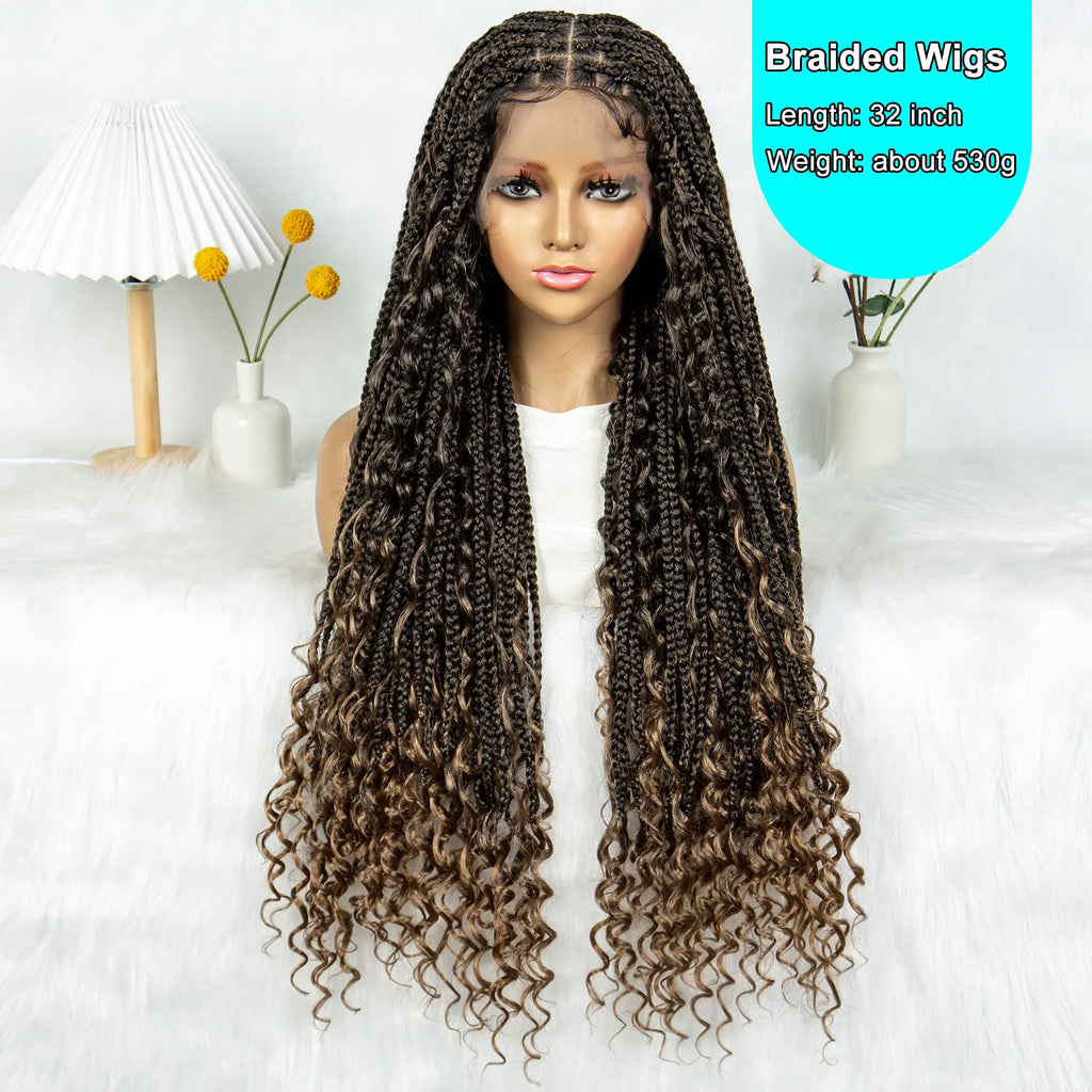 Boho Braided Wigs Full Lace Wigs with Baby Hair Box Braided Wigs with Curly Hair Long  Length Cornrow Braiding Wig for Women