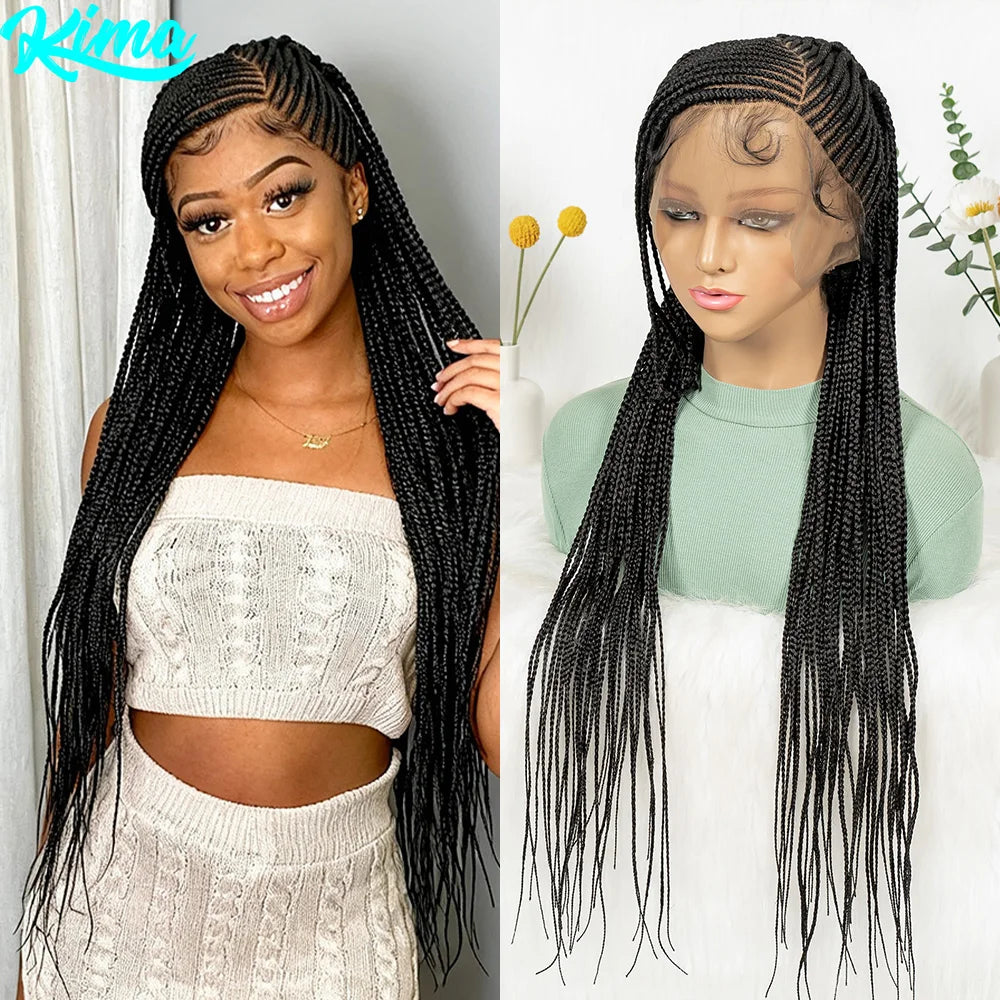 Side Part Cornrow Braided Wigs Synthetic Full Lace Braiding Hair Wigs Knotless Box Braids Wig with Pre-plucked for Black Women