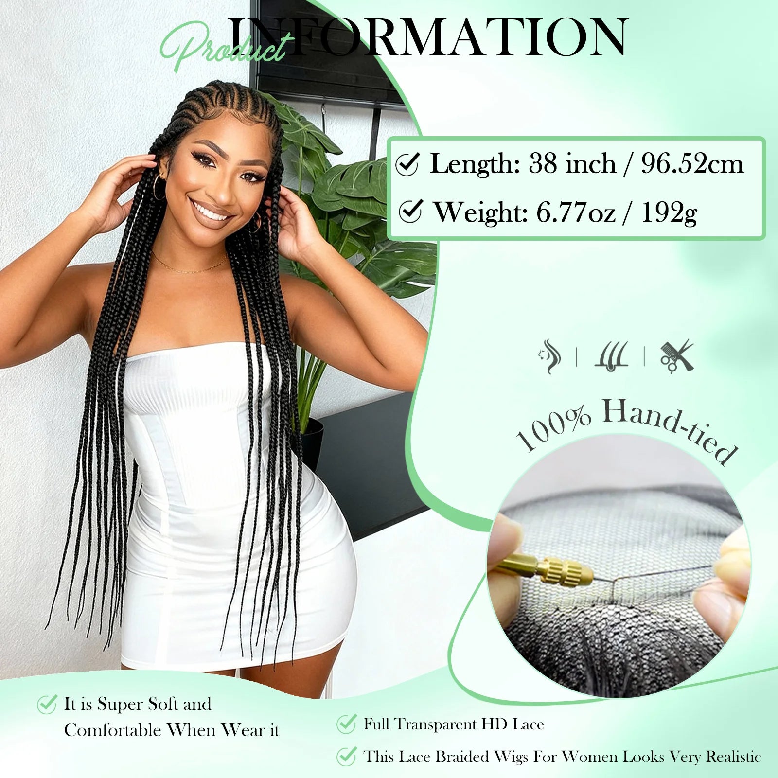 Full Lace Cornrow Braided Wigs 38inch Cornrow Box Braided Wigs with Baby Hair Synthetic Braiding Hair for Black Women