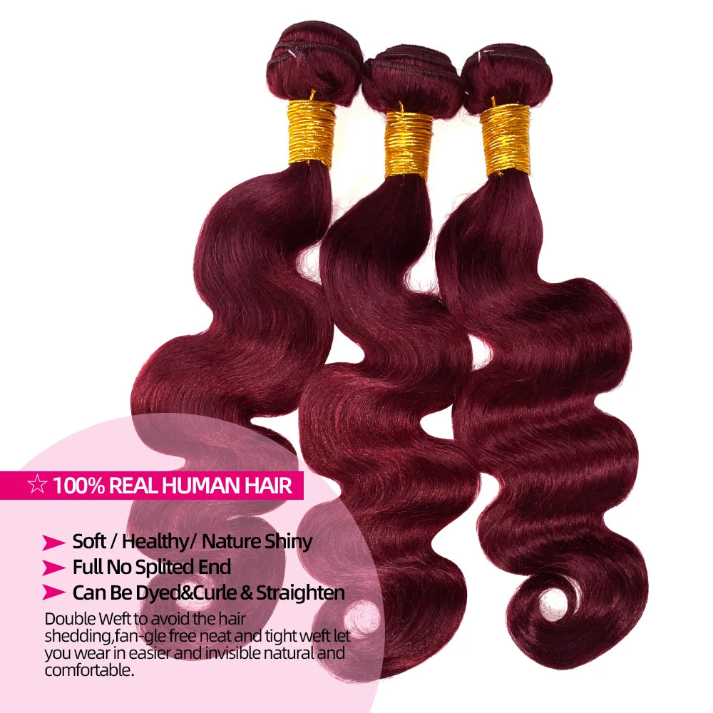Body Wave Human Hair Bundles Wine Red Color 99J Burgundy 100% Brazilian Remy Virgin Human Hair Quick Weave 3 Bundles Extensions