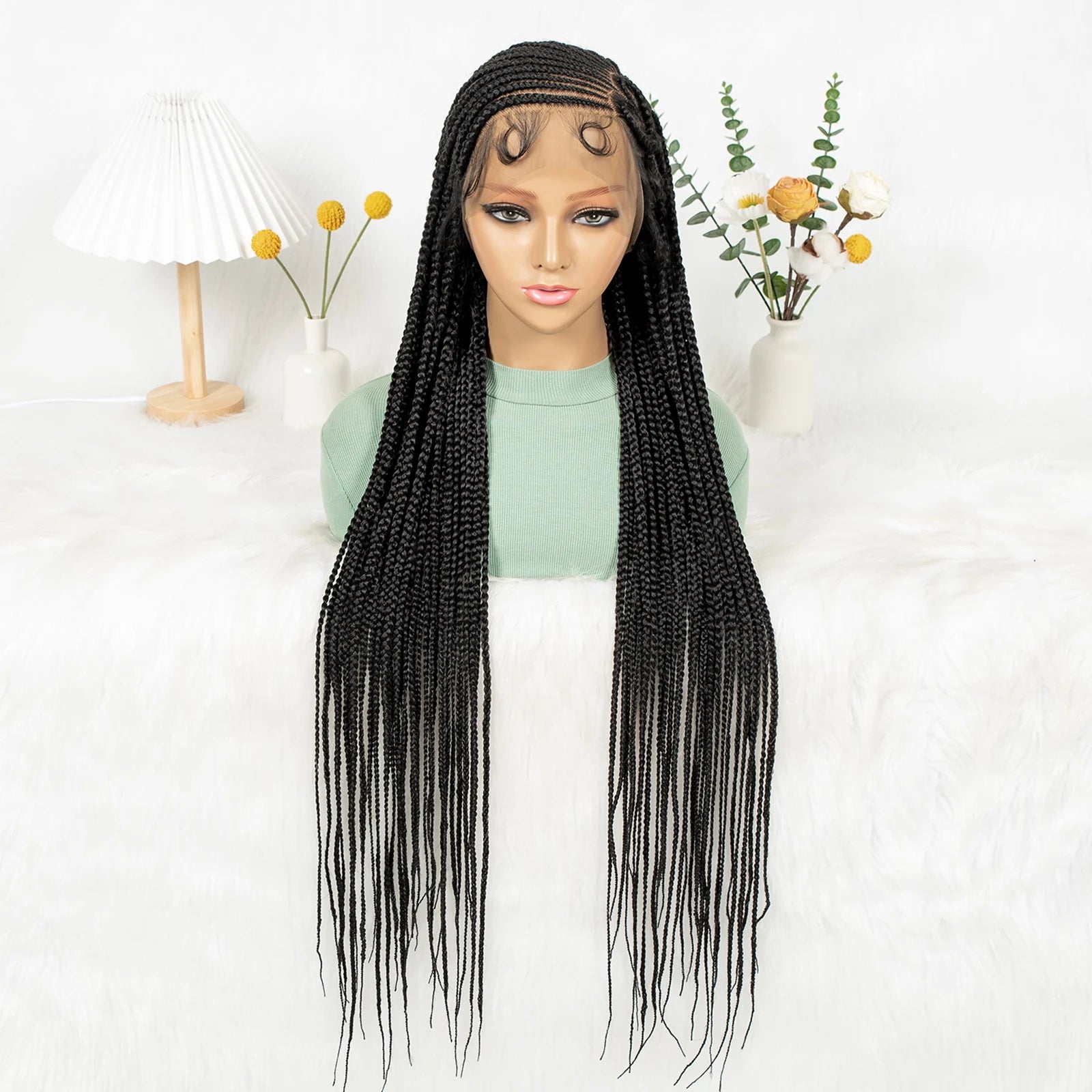 Heart-shaped Braids 36inch Handmade Cornrow Braided Wigs Synthetic Full Lace Natural Box Braided Lace Wigs with Baby Hair