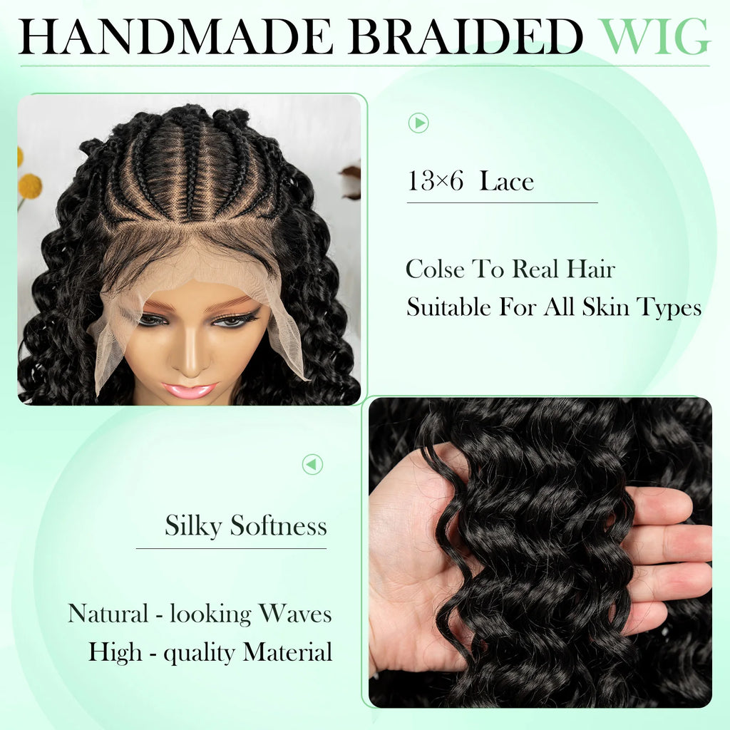 KIMA Cornrow Box Braided Wig With Curly Hair Water Wave Texture Cornorw Braided Wig Synthetic 13x6 Lace Wigs for Black Women