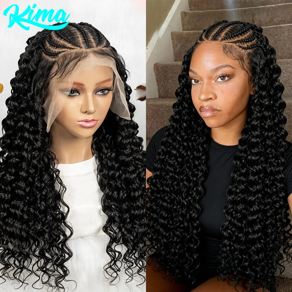 KIMA Cornrow Box Braided Wig With Curly Hair Water Wave Texture Cornorw Braided Wig Synthetic 13x6 Lace Wigs for Black Women