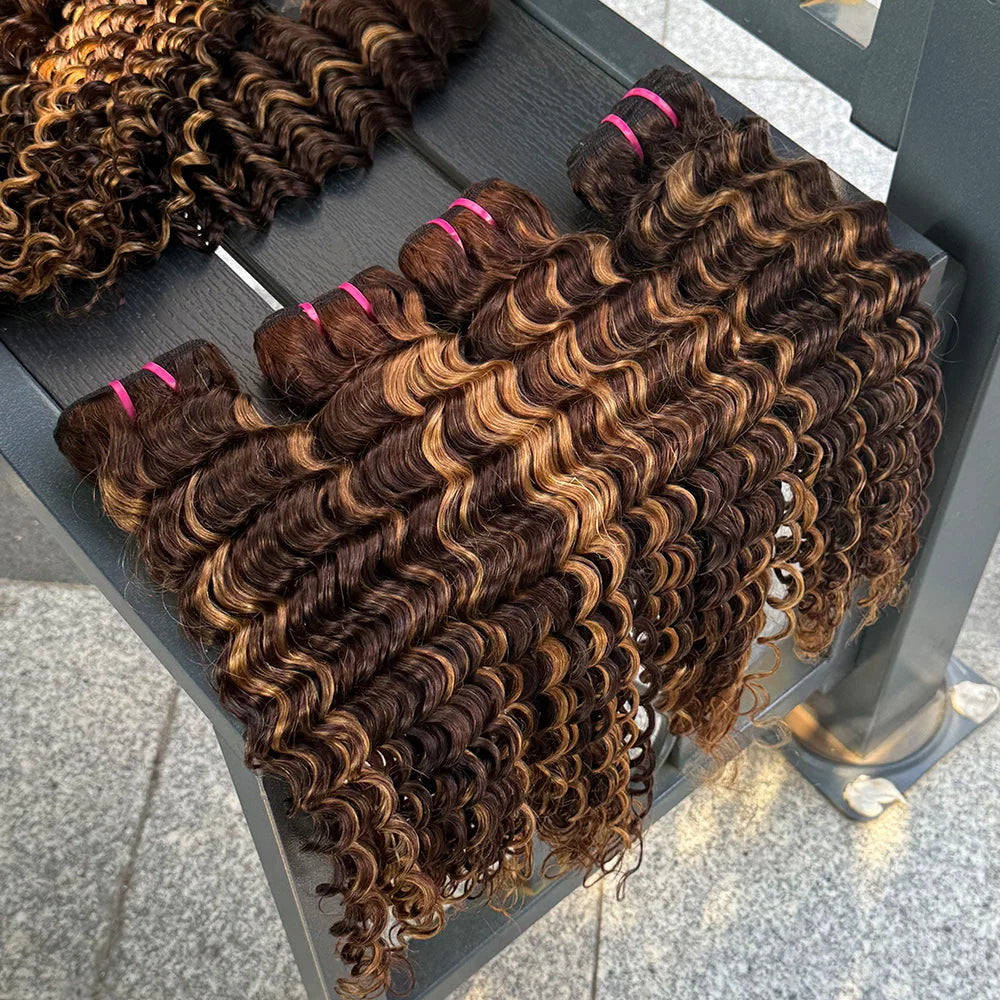 Deep Wave Human Hair Bundles 1-4 Bundles Available 100% Real Human Hair Weft Extensions Double Weft Ocean P4/27 Color for Women.