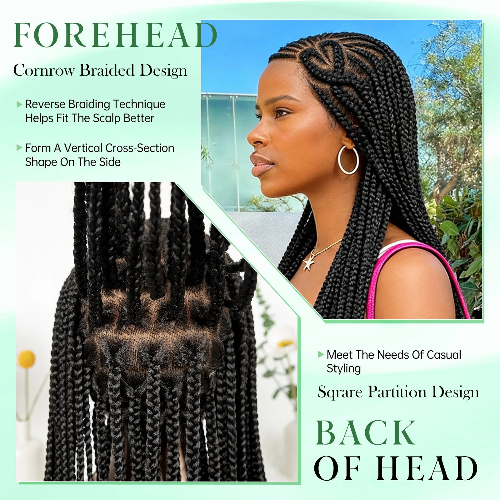 Heart-shaped Braids 36inch Handmade Cornrow Braided Wigs Synthetic Full Lace Natural Box Braided Lace Wigs with Baby Hair