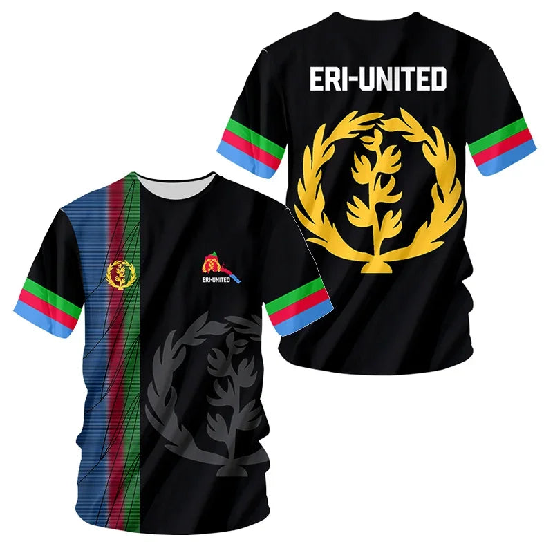 Men's round-neck short-sleeved T-shirt, loose and casual, fashionable, sporty, quick-drying, 3D-printed Eritrean flag