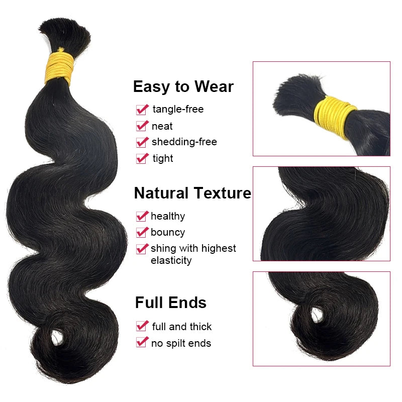 Body Wave Bulk Human Hair Extensions For Braiding 100% Brazilan Remy Bulk Hair Natural Black No Weft 16"-20" 100g/PC For Women